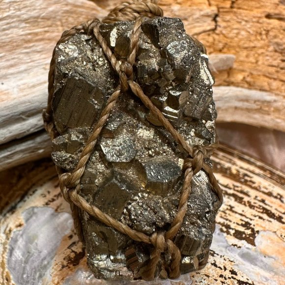 Raw Pyrite Nugget Macrame Necklace - Picture 1 of 5